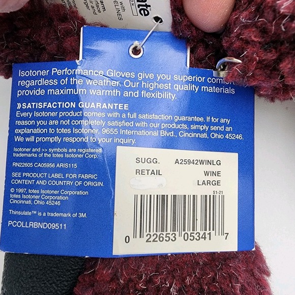ISOTONER Berber Women's L Ski WINTER GLOVES‎ Thinsulate Lined Burgundy Black VTG - Picture 5 of 7